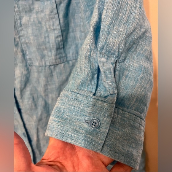 Orvis Teal Blue Linen Cuffed Sleeve Button Down Shirt, Size Medium - Picture 6 of 10